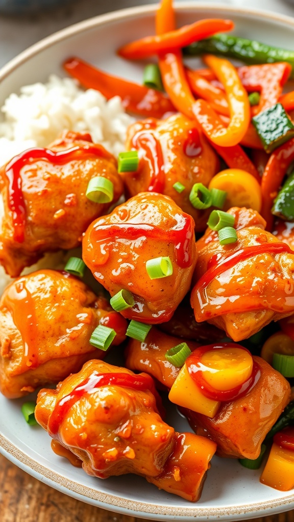 Crispy air fryer five spice chicken garnished with green onions served with rice and vegetables.